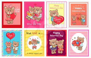 Happy Valentines day I love you true support set of posters heart shape balloons, cute teddy-bears with gifts, vector of stuffed toys, smiling bears
