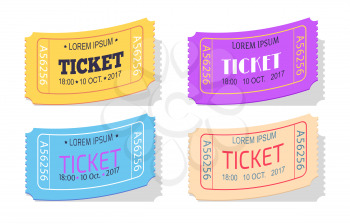Ticket to performance with date sign vector illustration set isolated on white, Colorful passes to some event, invitation papers in realistic design