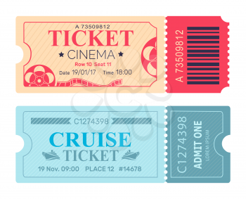Cinema ticket cruise coupon set of vector illustrations pass admissions to entertainment and travelling event with control check code in blue colors