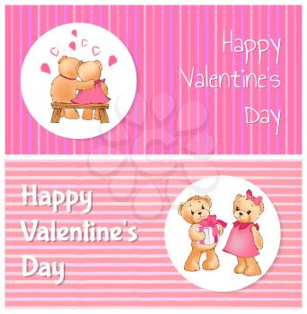 Happy Valentines day poster with two bears male teddy going to present gift box, sitting on wooden bench hugging vector greeting cards design