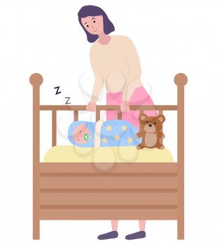 Wooden crib with baby in it vector, isolated mother with kid sleeping in cradle. Pillow and plush toy, nursery with furniture, bed for children and woman