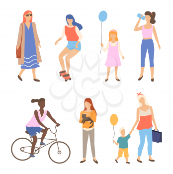 Man and woman walking outdoor set, portrait view of people character going or driving by bicycle and skateboard, friends together walk in park, sporty human vector