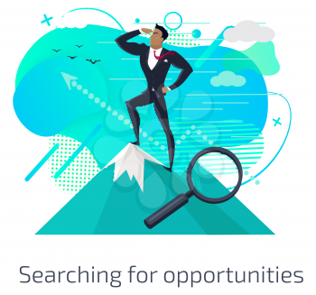 Searching for opportunities vector, businessman standing on mountain peak and looking in distance. Magnifying glass, male wearing formal suit flat style. Search new idea in business