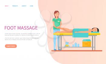 Masseuse making foot massage for client with towel. Flat webpage woman getting spa procedure, lying human on table, healthcare and relaxation vector