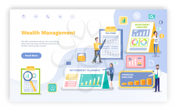 Wealth management vector, infographics and infocharts with investment plan and retirement information statistics on clipboard, page data. Invest manager, landing page flat style