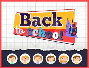 Back to school vector, flat style. Education and knowledge acquiring, elementary classes. Pupils with paints palette, brush and ruler for mathematics. School kids back to learning in class