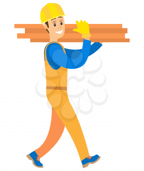Person working as handyman vector, isolated character in flat style carrying wooden blocks for construction of houses and estates, engineer worker