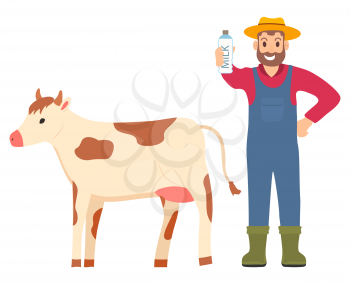 Bottled milk vector, milkman showing organic product in hands, cow and farmer isolated character flat style. Agriculture and husbandry farming male