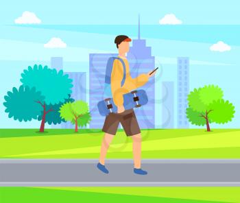 Skateboarder going outdoors, urban skater vector. Man holding skateboard, side view of boy using phone, person wearing casual clothes, summertime