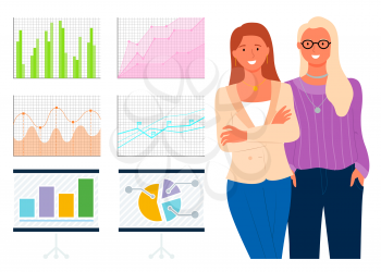 Team of successful women business consultants and diagrams and graphs with financial statistics data isolated. Vector charts and pies, infographic concept
