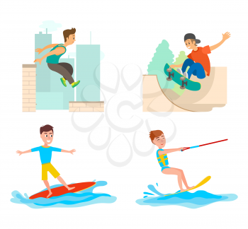 Teenagers going in for sports vector, active youth. Male jumping from roof of skyscraper, boy on surfboard, person with skateboard, skateboard set