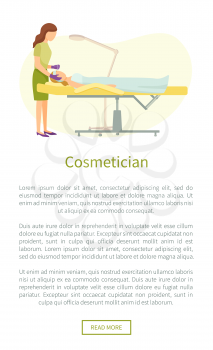Cosmetician facial cosmetic procedures web page with text. Woman cosmetologist using tool instrument working with clients face taking care about skin