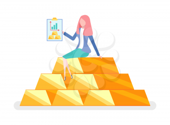 Best invest, woman sitting on pile of gold with folder. Charts and graphs, financial analysis, investment concept, cartoon style female on golden bar isolated