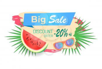 Big sale and discounts reduction of price isolated banner vector. Juicy watermelon with sunglasses and tropical leaves of plant. Reduced cost on goods