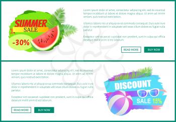 Summer sale watermelon and ball posters with text sample set. Sunglasses accessory for sun protection and juicy fruit with seeds discounts vector
