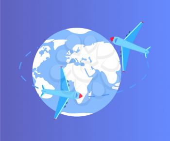 Traveling plane vector, isolated globe planet Earth with oceans and continents flat style with lines, aircrafts flying around world map, shipment delivery
