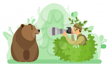 Photographer with wild bear animal taking picture vector, nature with greenery and foliage. Man hiding in bushes holding device with lens photography. Flat cartoon