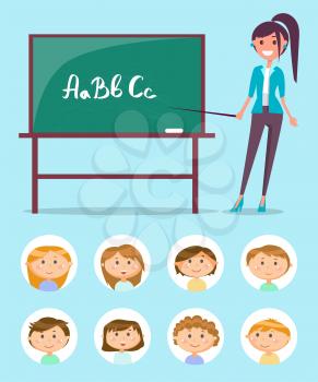 Woman with pointer, English teacher near chalkboard, students or pupils vector. School education and knowledge, writing subject, children avatars. Back to school concept. Flat cartoon