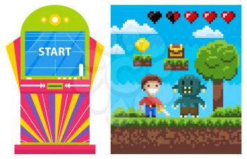 Start game on colorful gambling machine. Screen of pixel video-game, battle of knight and geek, pixelated coin and chest on ground, adventure and war vector. Flat cartoon