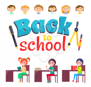 Back to school vector, kids sitting by tables loaded with books and textbooks. Literature classes, girls by desks reading printed publication on lesson. Back to school concept. Flat cartoon