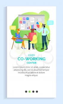cozy coworking center in company vector, employees of organization work at table and board, manager planning company strategy with colleagues. Website or app slider template, landing page flat style
