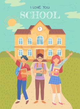 Black to school in autumn classmates outdoors vector. Schoolboy and schoolgirl waving, path to educational institution. Building with clock on top, teenagers. Back to school concept. Flat cartoon