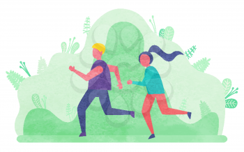 Joggers in park vector, man and woman running in forest. Hobby of youth, run active lifestyle of male and female sportsman. Characters wearing sports clothes and running. Flat cartoon