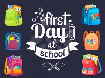 First day at school postcard decorated by backpack, office symbol. Full bag, pen and notebook, paints with tassel, eraser and pen, knowledge vector. Back to school concept. Flat cartoon