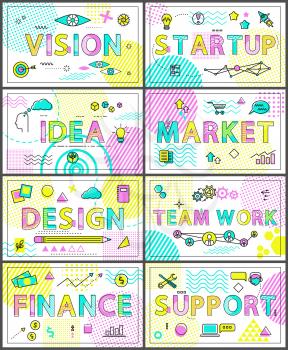 Vision startup and finance money poster, human with idea of market, employees team work, design creating new things collection vector illustration