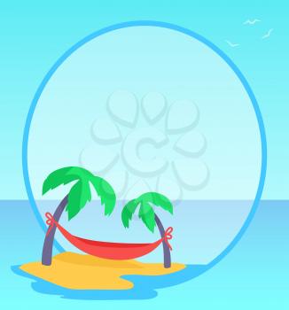 Tropical exotic seaside blue banner. High coconut palms branches with red hammock between trees. Circled space for text placement vector illustration