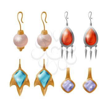 Set of expensive earrings isolated on white vector female stylish accessories with sapphire and ruby stones, gold decoration for ears, treasure items