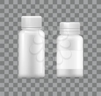 Empty plastic medical containers isolated 3D icons, transparent background. Blank medical storage for pharmaceutical capsules in realistic design vector