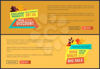 Exclusive product special promotion posters set. Super quality big sales best prices reduction of cost. Discounts with autumn propositions vector