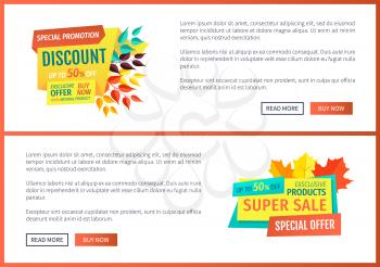 Special discount promotion set of posters with decorated banners. Autumn leaves and super autumnal sale. Best price promotion exclusive product vector