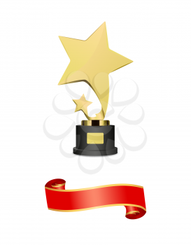 Peculiar trophy with shooting stars on wooden stand and curled ribbon or tape. Isolated vector award statuette for contest or competition winning.