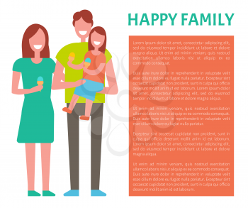 Happy family spending time together. Mother, father and daughter poster, frame for text. Dad, mom and little girl on arms, kid holding ice cream in hands