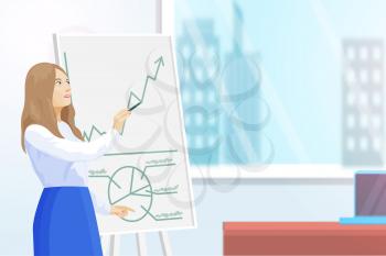 Presenter with whiteboard showing charts and increasing graphics vector. Woman with presentation about new innovative strategy and business methods