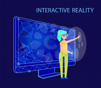 Interactive reality female wearing VR glasses vector. Woman entertaining in cyberspace, using innovative technology for fun. Computer screen monitor