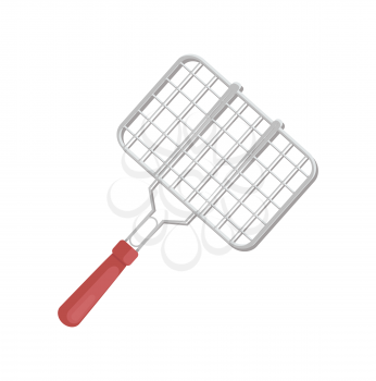 BBQ cooking tool grille for roasting meat icon closeup. Grilling steel grid griddle for picnic cook out. Cutlery with wooden handle isolated on vector