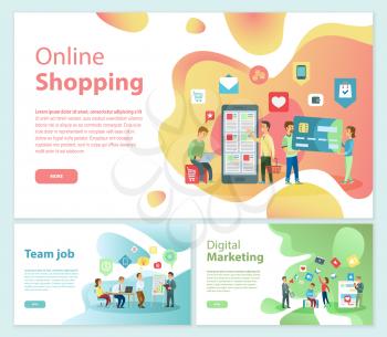 Online shopping team job posters with text sample set vector. Digital market using internet and web resources. People working on optimization of sites