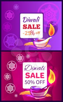 Diwali sale -50 -25 off signs with festive candles on abstract backgrounds. Vector illustrations with discount dedicated to festival of lights