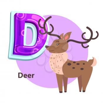 Deer silvan animal with big curved horns for D letter presentation. Zoo ABC flashcard sample with cartoon character for english alphabet remembering.