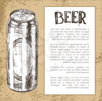 Refreshing drink in handy can or tin hand drawn vector illustration. Sketch style depiction for brew house on oldish backdrop with framed text sample.