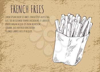 French fries fried potatoes in package poster with headline and monochrome sketch outline. American fatty and salty sticks meal vector illustration