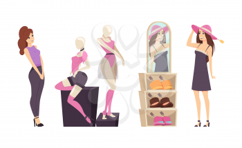 Shopping female shopaholic ladies isolated set vector. Girl trying hat and looking in mirror, woman observing underwear with admiration and surprise