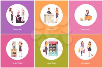 Shopping food buying and clothes trying set vector. Mannequin showcase with brand t-shirt and shorts, hats and shoes. Woman walking with bag and dog