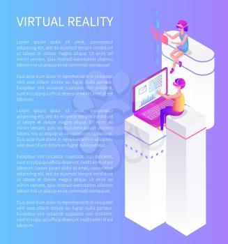 Virtual reality cartoon advertising banner card vector sample. Girl and boy sitting on column, playing video games in special glasses, 3d isometric