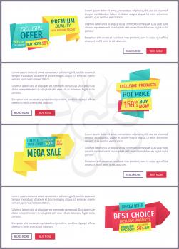 Special offer banners set, vector design icons. Hot price, mega sale, premium discount, best choice, exclusive products, limited time promotion poster with text