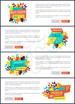 Best choice special autumn offer posters set. Seasonal proposition banners with autumnal leaves. Sales and discounts exclusive promo products vector