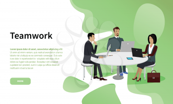 Business cooperation and teamwork website page vector. Businessman and businesswoman in office suits at round table with laptops and tablet, work in team